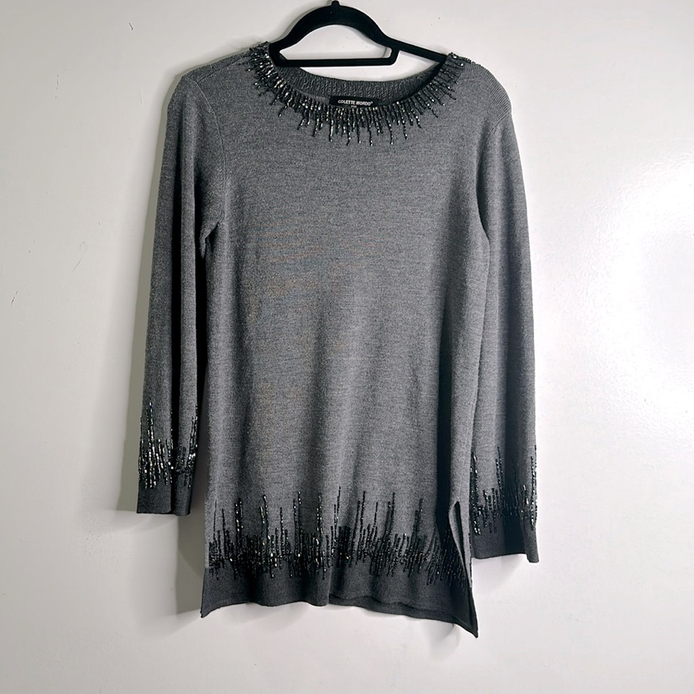 COLETTE MORDO gray wool sweater beaded edge hem size small